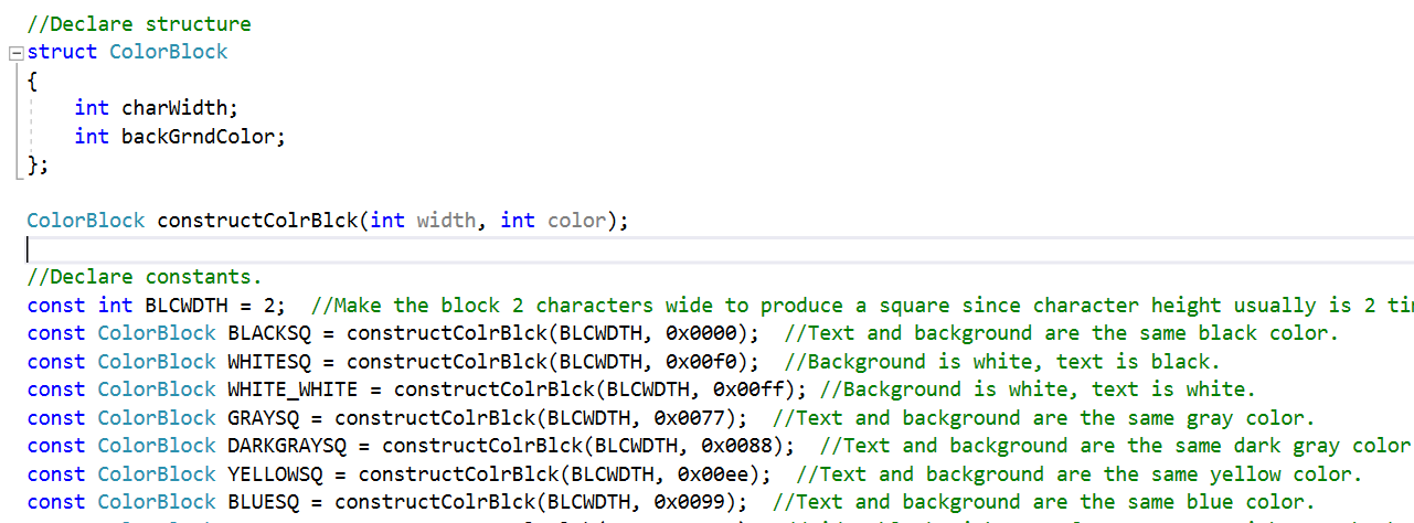 Shows the color block structure code. 